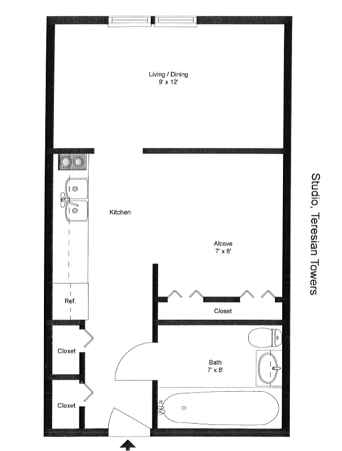 Floor plan for studio, 1 bath, 420 sqft